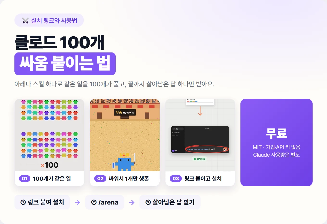 클로드 100개 싸움 붙이는 아레나 스킬, 설치 링크와 사용법